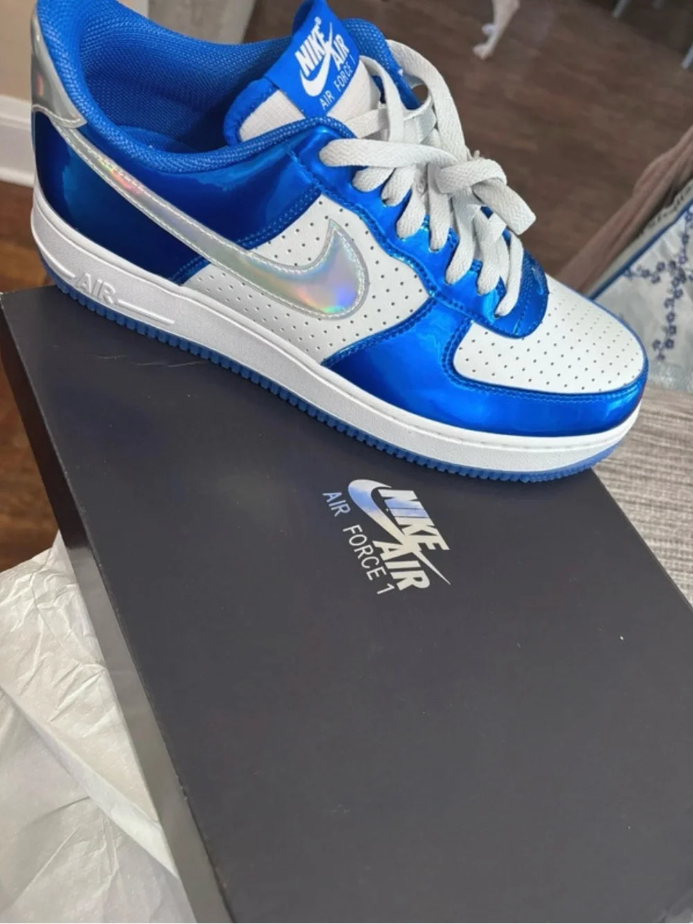 Nike Low-Top Sneakers in Bright Blue and White with Iridescent Swoosh